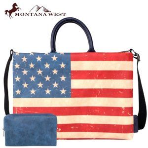 MONTANA WEST American Flag Print Laptop Tablet Bag Tote Vegan Leather NWT